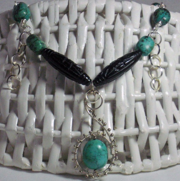 African Turquoise and Carved Onyx Necklace