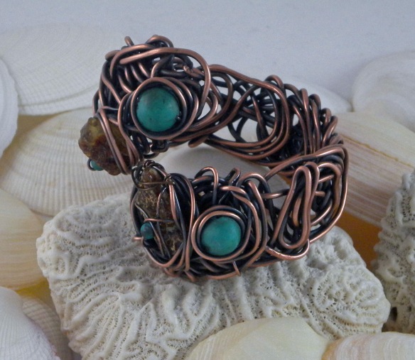 Scribble Wire Turquoise and Amber Bracelet by Junebug Jewelry Designs.