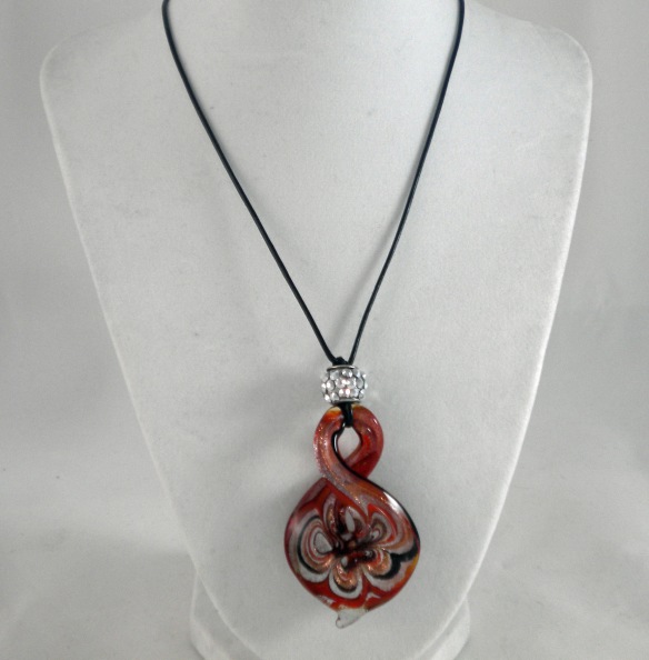 Coral, Silver and Black Lampwork Glass Pendant Necklace by Junebug Jewelry Designs