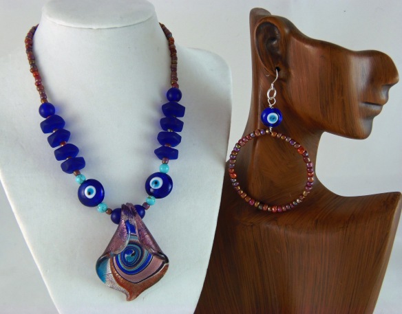 Blue and Lavender Sea Glass Choker Necklace and Earring Set by Junebug Jewelry Designs